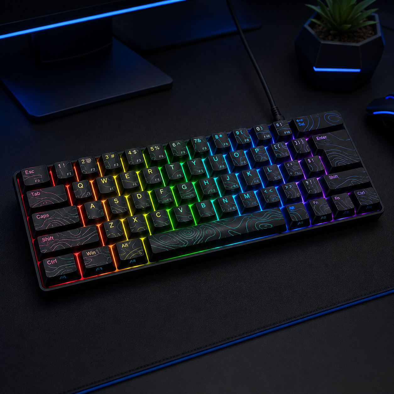 ION STRIKE MK1 black keyboard rainbow RGB on black gaming desk mat