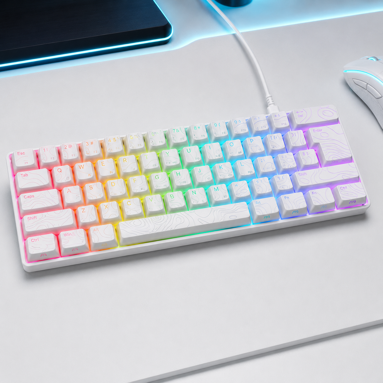 ION STRIKE MK1 white keyboard top view showing topographic map keycap design